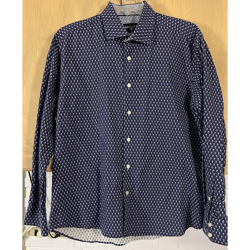Masutto XL Men's 100% Cotton‎ LS Button Up Shirt Blue All Over Print Wine Glass